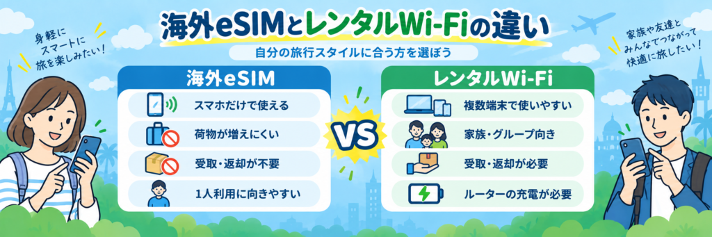 海外eSIMとレンタルWi-Fiの向いている使い方や受取・返却、複数端末利用の違いを比較した図
