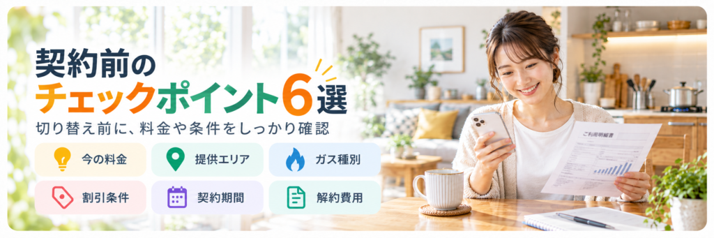 電気・ガスの契約前に確認したい今の料金・提供エリア・ガス種別・割引条件・契約期間・解約費用の6ポイント