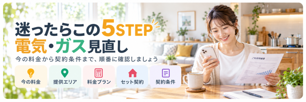 電気・ガスの見直しで確認したい今の料金・提供エリア・料金プラン・セット契約・契約条件の5STEP