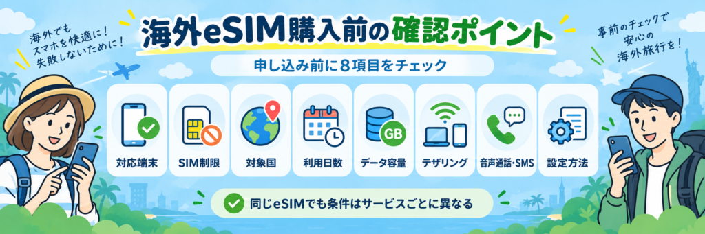 海外eSIM購入前に確認したい対応端末・SIM制限・対象国・利用日数・データ容量・テザリング・音声通話SMS・設定方法の8項目