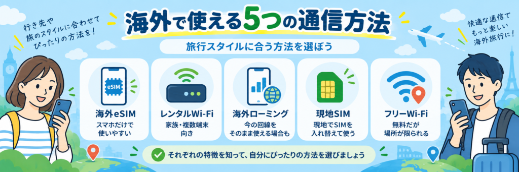 海外eSIM・レンタルWi-Fi・海外ローミング・現地SIM・フリーWi-Fiの5つの通信方法を比較した図