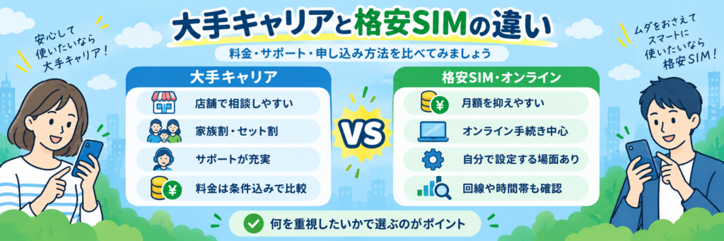 大手キャリアと格安SIMの料金・サポート・申し込み方法の違いを比較した図
